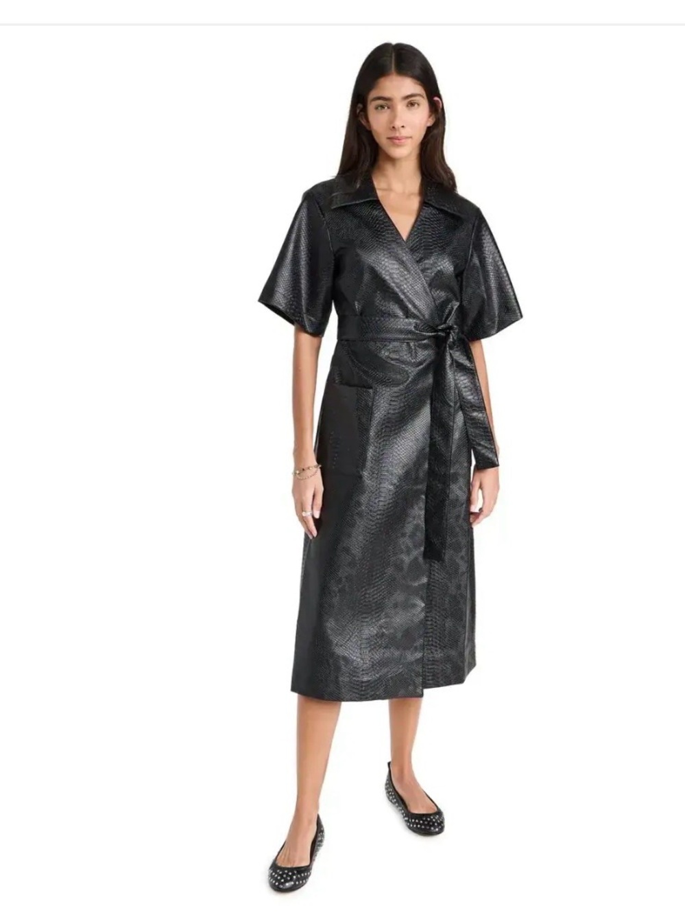 Sea NY Vilma Croc-embossed Black Faux-Leather Wrap Midi Dress XXS NWT